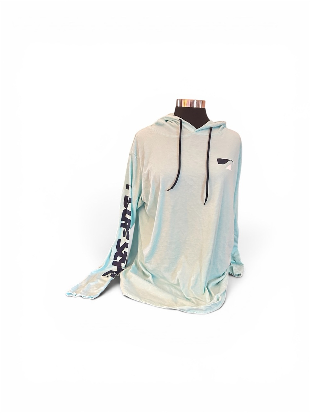 Light Turquoise Hooded Long Sleeve Shirt with Sleeve Print. Size XL.